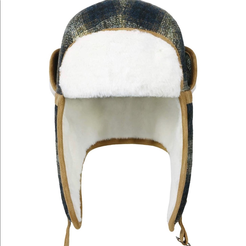 Wool Plaid Pattern Aviator Trapper Trooper Faux Fur Ear Flaps Hat